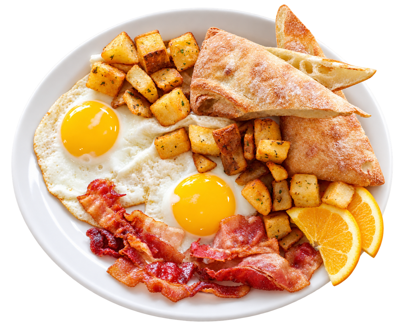 Déjeuner traditionnel : deux œufs, bacon, pommes de terre et rôties